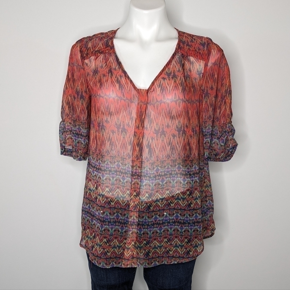 ✨3/$15 Skies Are Blue red blue sheer button up blouse XS